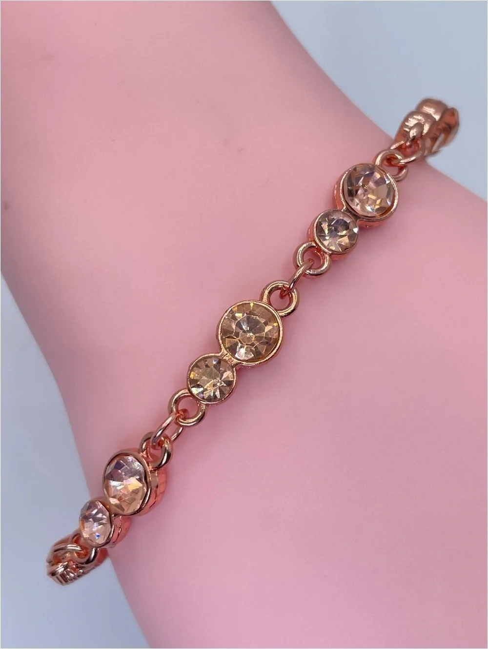 Copper Tone Crystal Tennis Bracelet Champagne Rhinestone Link